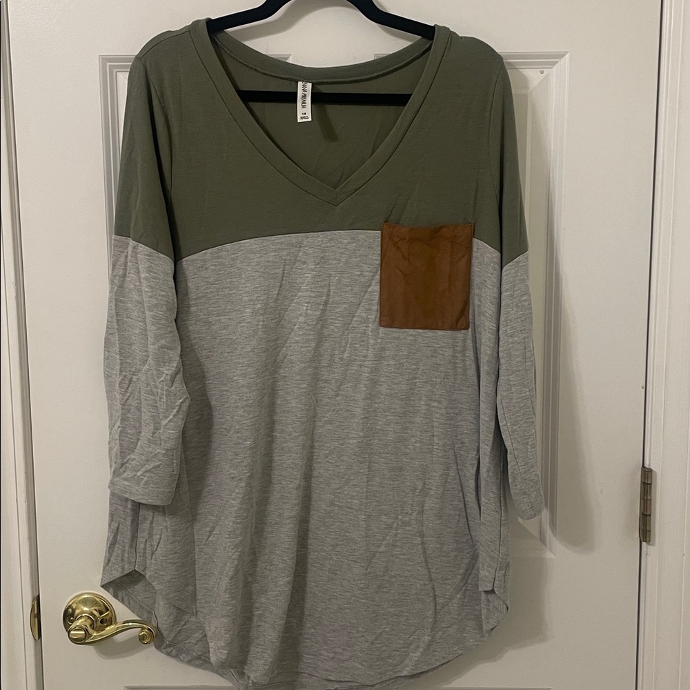 Zenana Outfitters Olive Grey V-Neck Top with Brown Suede Detail 1X